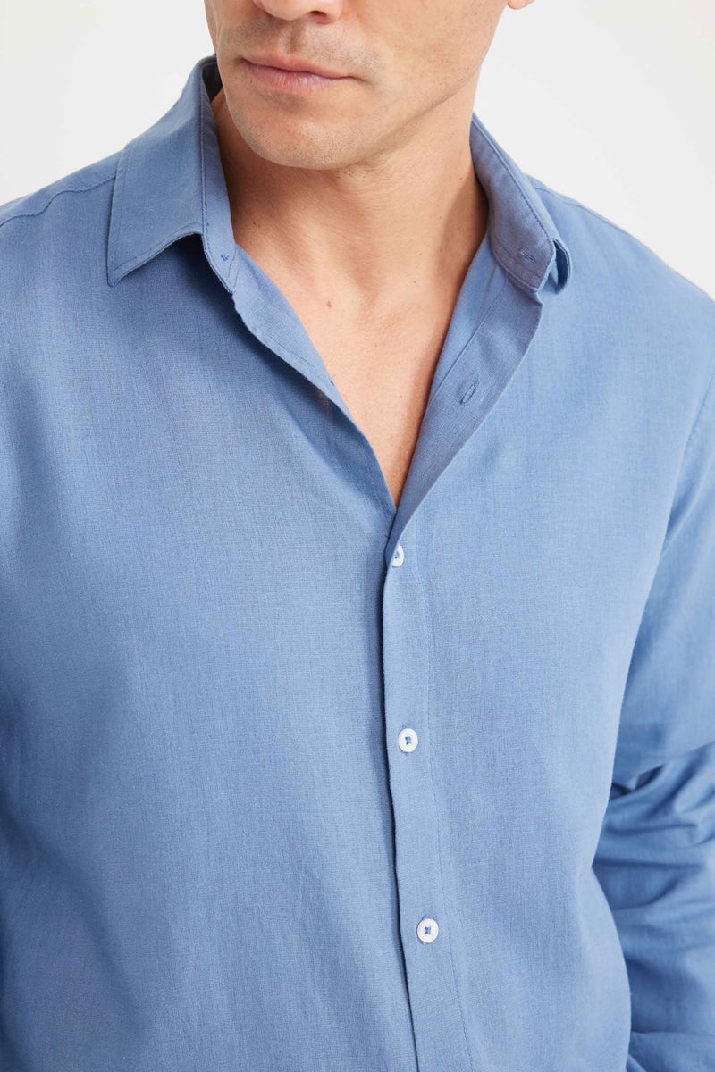 DeFacto Blue Man Regular Fit Polo Collar Long Sleeve Linen Shirt Casual - Image 5